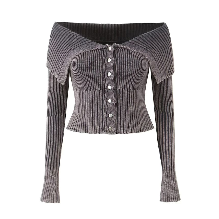 Off-Shoulder Button-Up Plain Crop Cardigan