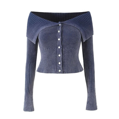 Off-Shoulder Button-Up Plain Crop Cardigan