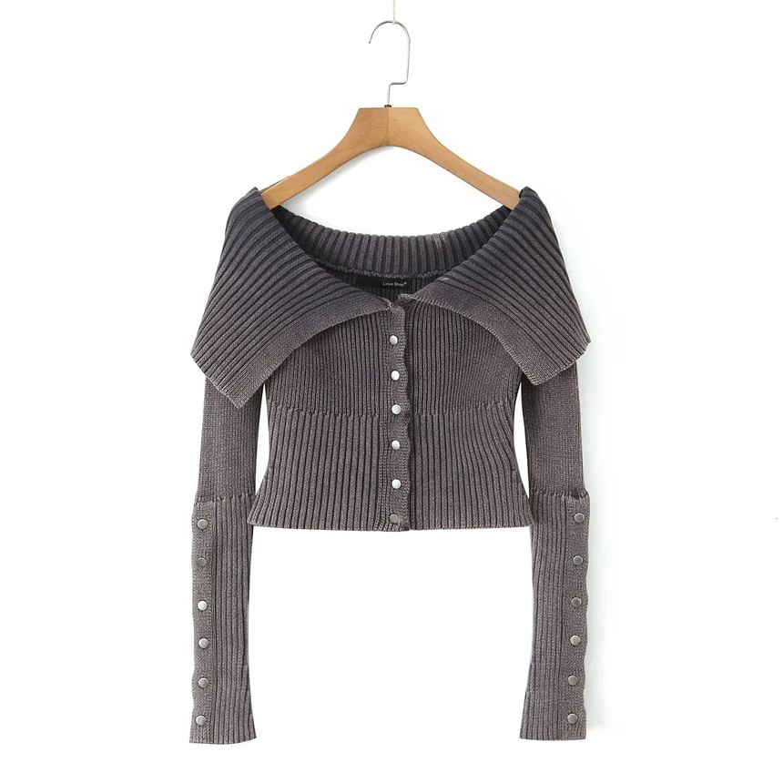 Off-Shoulder Button-Up Plain Crop Cardigan