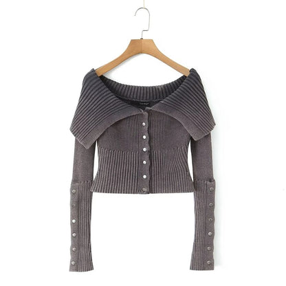 Off-Shoulder Button-Up Plain Crop Cardigan