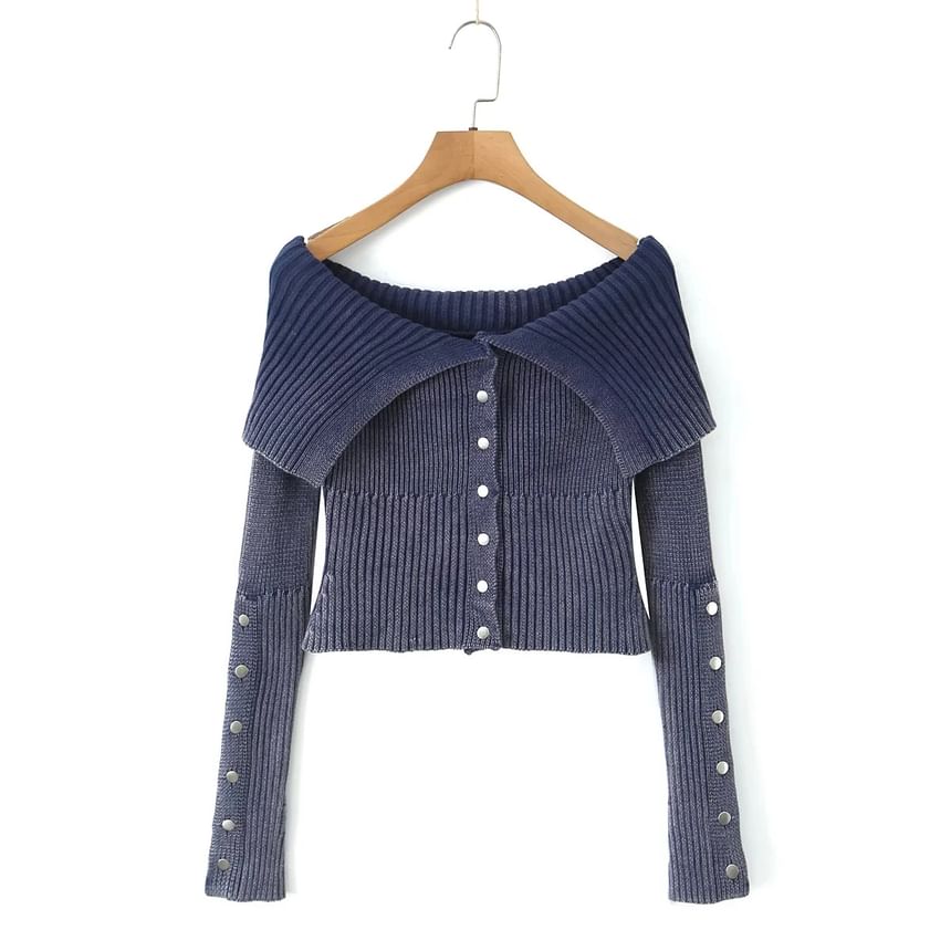 Off-Shoulder Button-Up Plain Crop Cardigan
