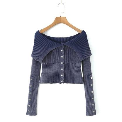 Off-Shoulder Button-Up Plain Crop Cardigan