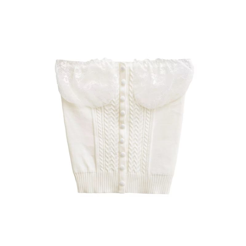 Lace Panel Button Up Cable Knit Crop Tube Top