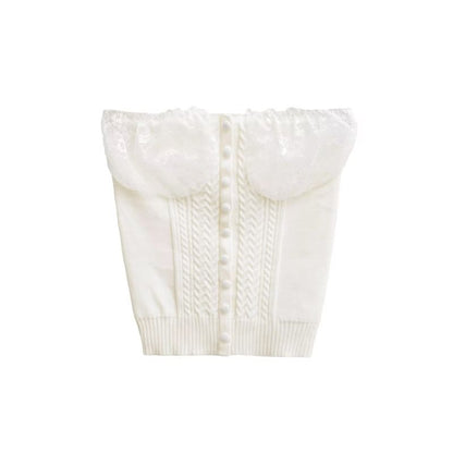 Lace Panel Button Up Cable Knit Crop Tube Top