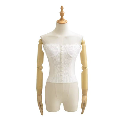 Lace Panel Button Up Cable Knit Crop Tube Top
