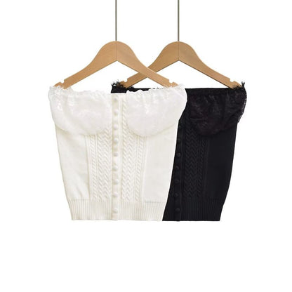 Lace Panel Button Up Cable Knit Crop Tube Top