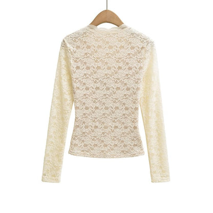 V Neck Lace Slim Fit Long Sleeve Top