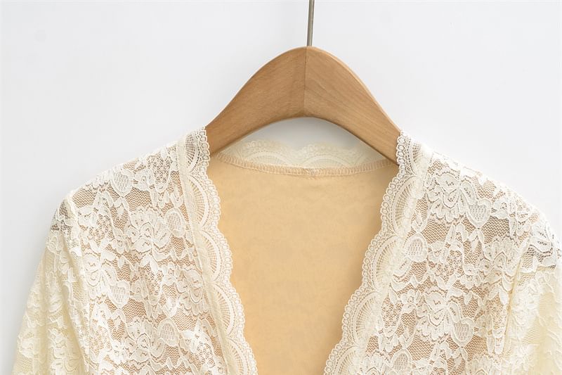 V Neck Lace Slim Fit Long Sleeve Top