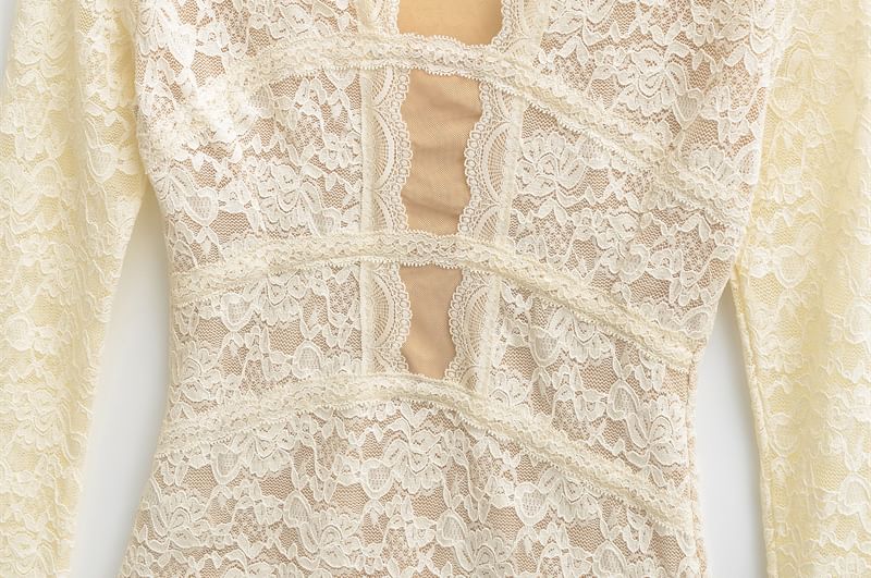 V Neck Lace Slim Fit Long Sleeve Top