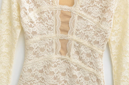 V Neck Lace Slim Fit Long Sleeve Top