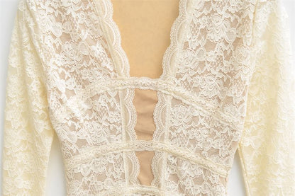 V Neck Lace Slim Fit Long Sleeve Top