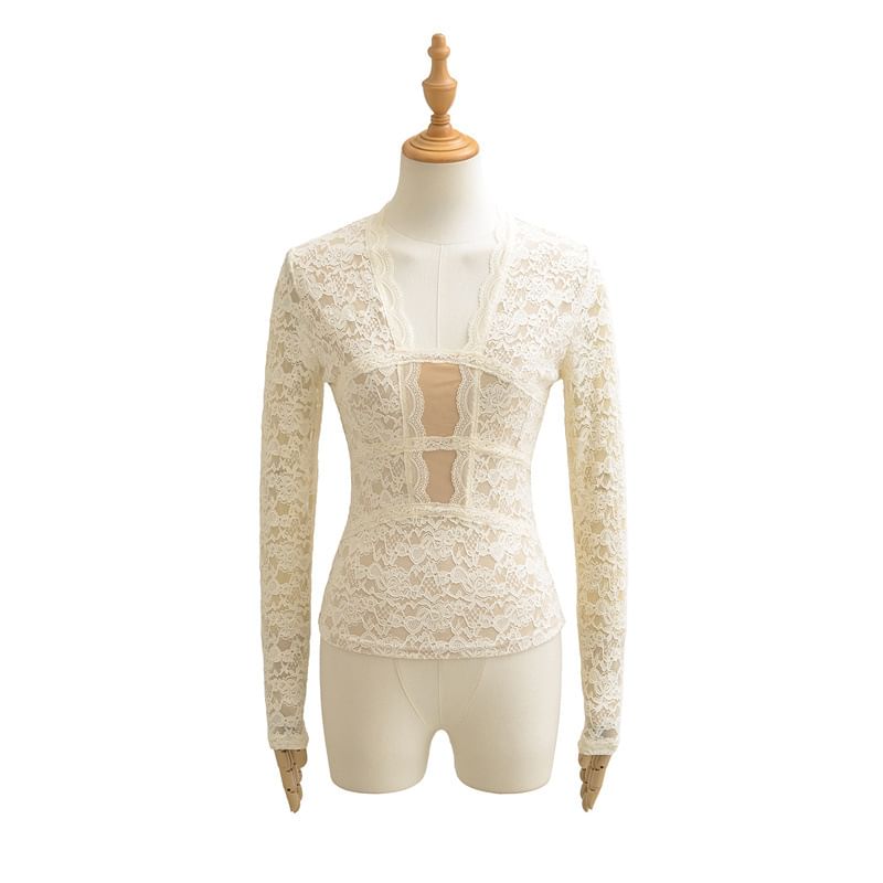 V Neck Lace Slim Fit Long Sleeve Top