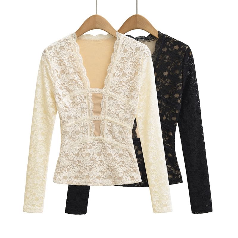 V Neck Lace Slim Fit Long Sleeve Top