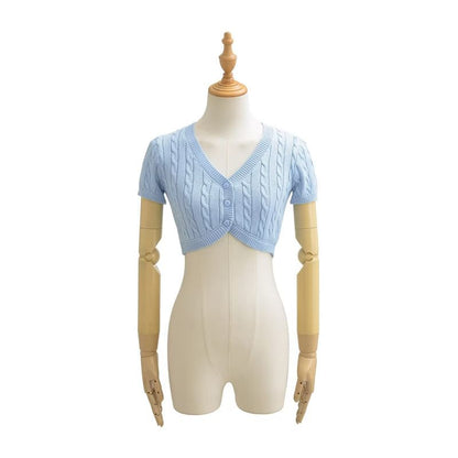 Short-Sleeve V-Neck Button-Up Plain Cable Knit Crop Cardigan