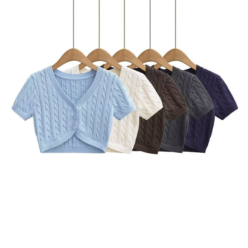 Short-Sleeve V-Neck Button-Up Plain Cable Knit Crop Cardigan