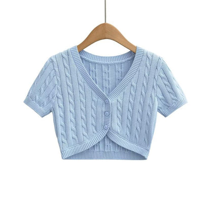 Short-Sleeve V-Neck Button-Up Plain Cable Knit Crop Cardigan