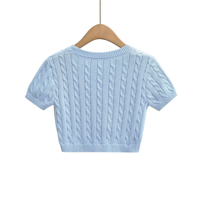 Short-Sleeve V-Neck Button-Up Plain Cable Knit Crop Cardigan