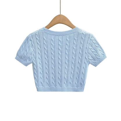 Short-Sleeve V-Neck Button-Up Plain Cable Knit Crop Cardigan