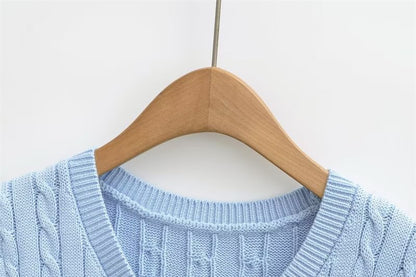 Short-Sleeve V-Neck Button-Up Plain Cable Knit Crop Cardigan