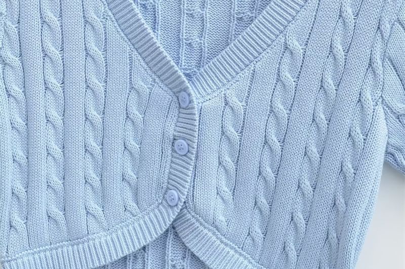 Short-Sleeve V-Neck Button-Up Plain Cable Knit Crop Cardigan