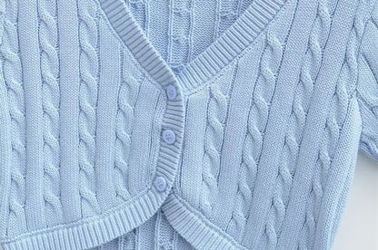 Short-Sleeve V-Neck Button-Up Plain Cable Knit Crop Cardigan