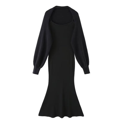 Plain Open Front Crop Cardigan / Spaghetti Strap Midi Mermaid Dress / Set