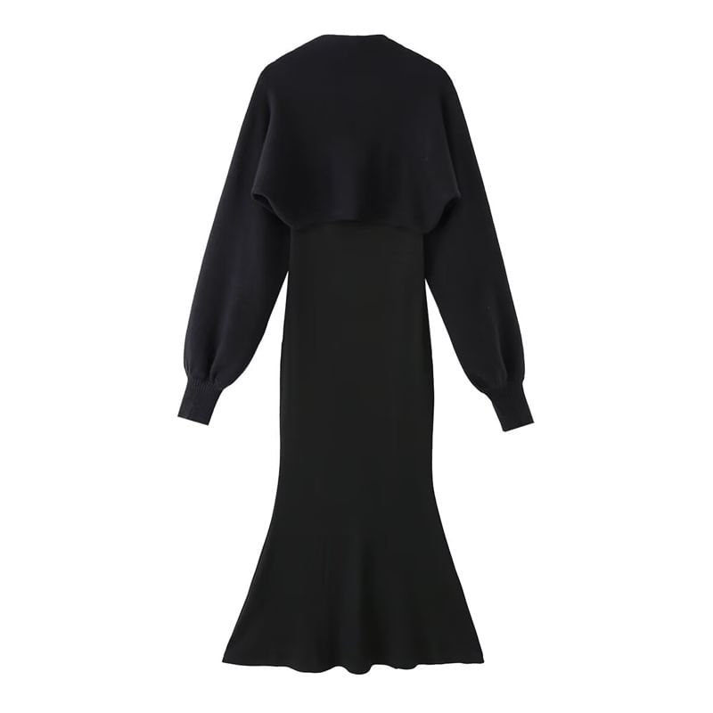Plain Open Front Crop Cardigan / Spaghetti Strap Midi Mermaid Dress / Set