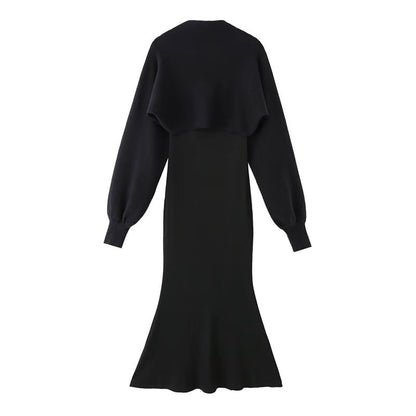 Plain Open Front Crop Cardigan / Spaghetti Strap Midi Mermaid Dress / Set
