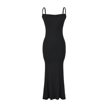 Plain Open Front Crop Cardigan / Spaghetti Strap Midi Mermaid Dress / Set