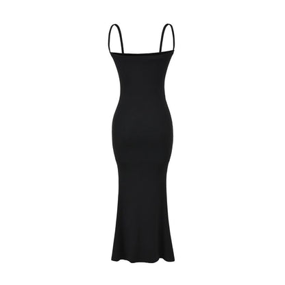 Plain Open Front Crop Cardigan / Spaghetti Strap Midi Mermaid Dress / Set