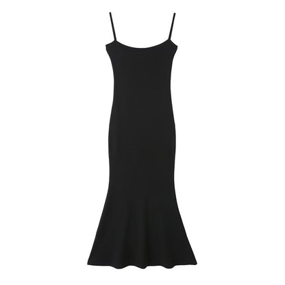Plain Open Front Crop Cardigan / Spaghetti Strap Midi Mermaid Dress / Set