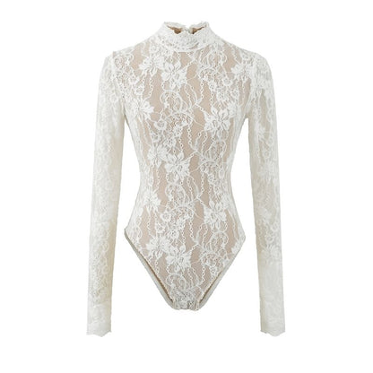 Mock Neck Lace Bodysuit Long Sleeve Top