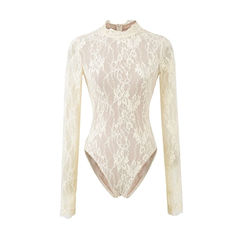 Mock Neck Lace Bodysuit Long Sleeve Top