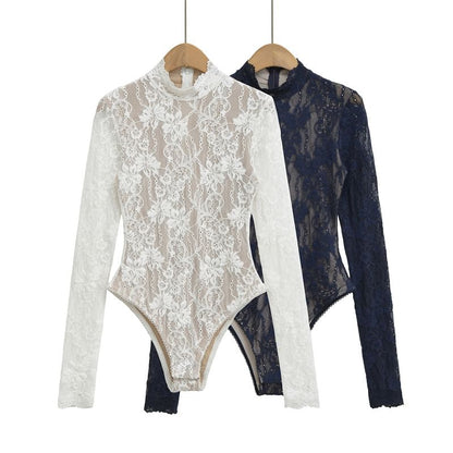 Mock Neck Lace Bodysuit Long Sleeve Top