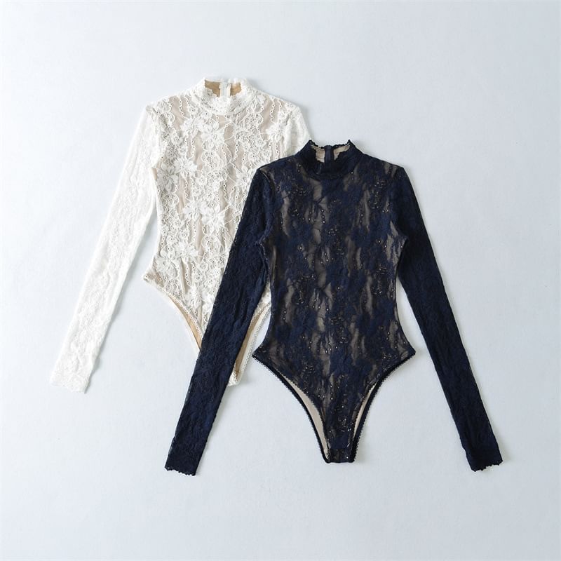 Mock Neck Lace Bodysuit Long Sleeve Top