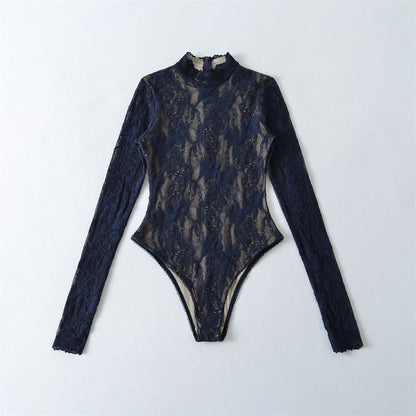 Mock Neck Lace Bodysuit Long Sleeve Top