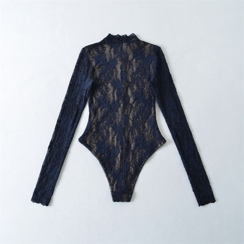 Mock Neck Lace Bodysuit Long Sleeve Top