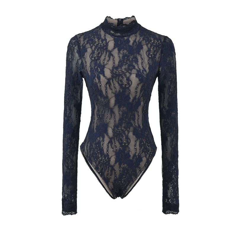 Mock Neck Lace Bodysuit Long Sleeve Top