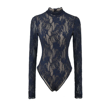 Mock Neck Lace Bodysuit Long Sleeve Top