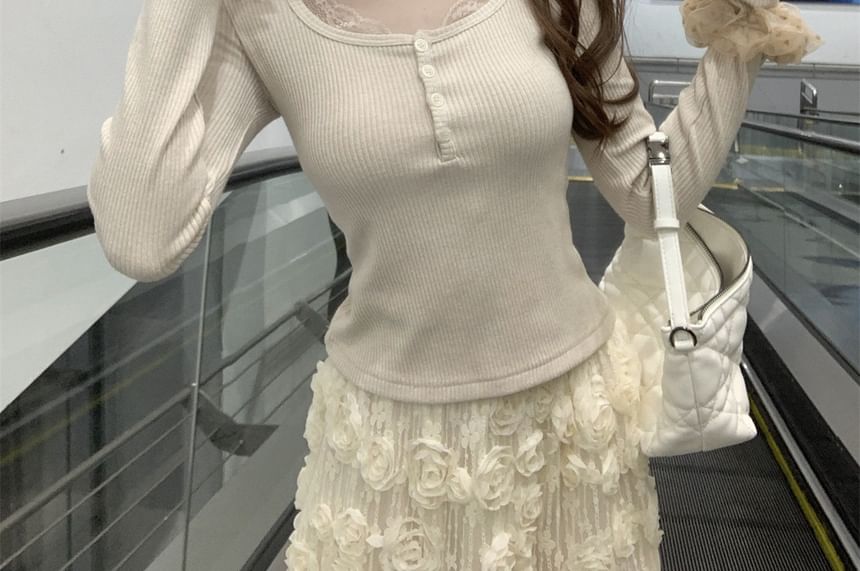 Lace Trim Ribbed Henley Long Sleeve T Shirt