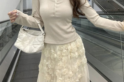 Lace Trim Ribbed Henley Long Sleeve T Shirt