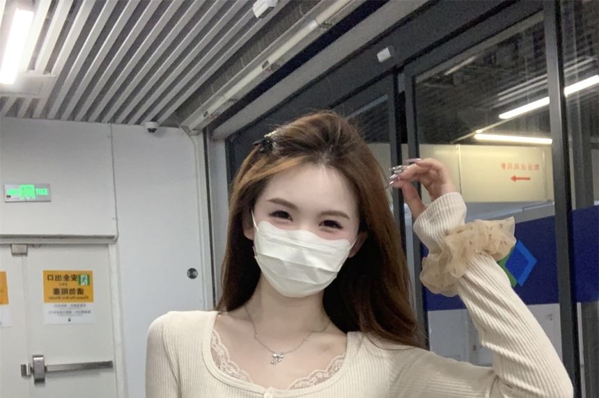 Lace Trim Ribbed Henley Long Sleeve T Shirt