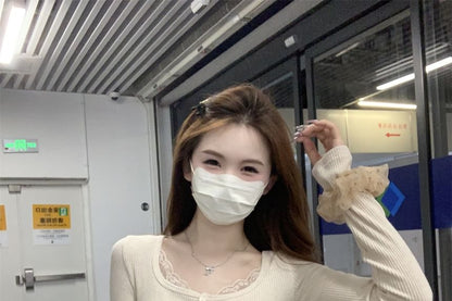 Lace Trim Ribbed Henley Long Sleeve T Shirt