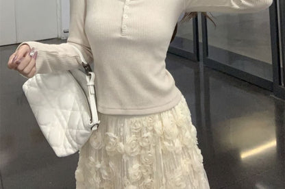 Lace Trim Ribbed Henley Long Sleeve T Shirt