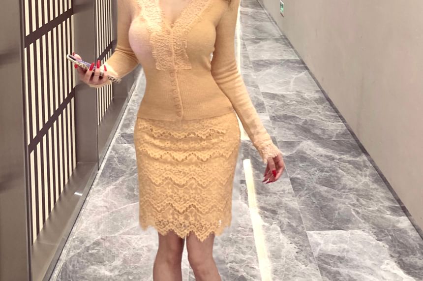 V-Neck Lace Panel Button-Up Crop Cardigan / High Waist Mini Pencil Skirt