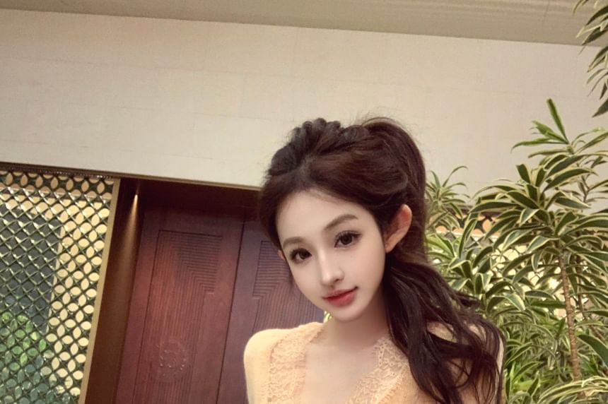 V-Neck Lace Panel Button-Up Crop Cardigan / High Waist Mini Pencil Skirt