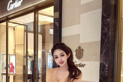 V-Neck Lace Panel Button-Up Crop Cardigan / High Waist Mini Pencil Skirt