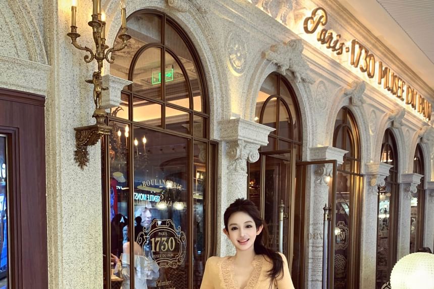 V-Neck Lace Panel Button-Up Crop Cardigan / High Waist Mini Pencil Skirt