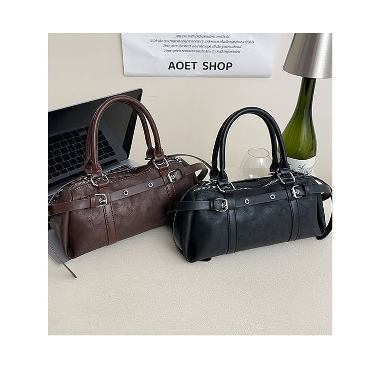 Top Handle Plain Belted Faux Leather Crossbody Bag