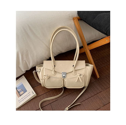 Plain Faux Leather Flap Tote Bag